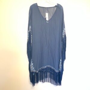 Chan Luu Poncho Beaded Gray Tunic Sheer  Bohemian Artsy